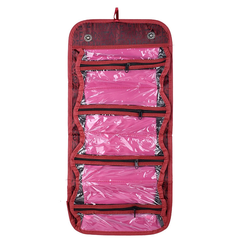 4-Layer Roll-Up Cosmetic Makeup Pouch Large Capacity Travel Storage Bag Foldable Toiletry Organizer with Hanging Hook