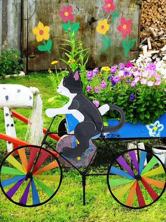 Animal Riding Bike Windmill Innovative Cartoon Cat Dog Wind Spinner Yard Art Decoration Garden Ornament Wind Portable