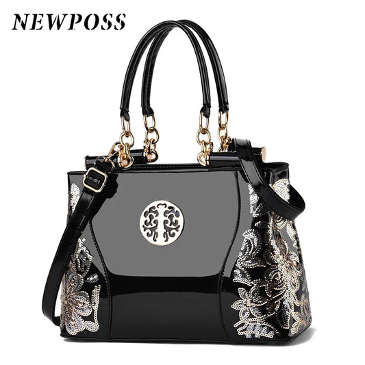 Newposs Embroidery Handbag Women Evening Bags Patent Leather Shoulder Bag Female Crossbody Bag Floral Handbag Casual Tote Bags