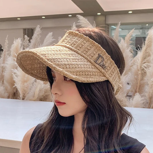 Simple Summer Fashion Women Visors Solid Color Raffia Straw Hat Lady Delicacy Beach Travel Sunscreen Soft Starw Cap