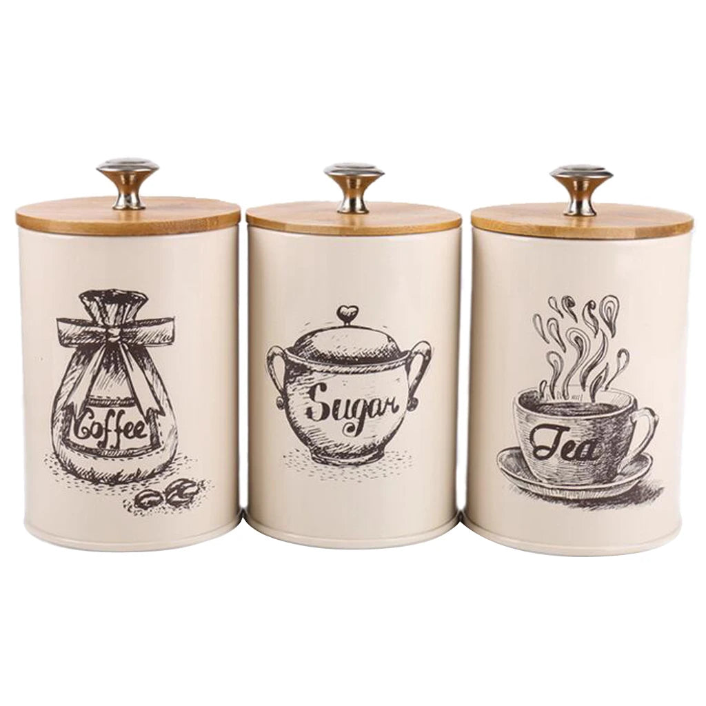 3pcs Vintage Style Tea Coffee Sugar Canisters Kitchen Tin Retro White Storage Jars Pots Food Storage Containers
