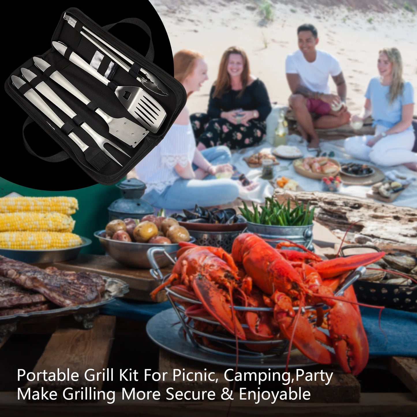 BBQGO z nehrdzavejúcej ocele BBQ Nástroje Sada Spatula Fork Tongs Brush Prenosný úložný vrecko Grilovanie