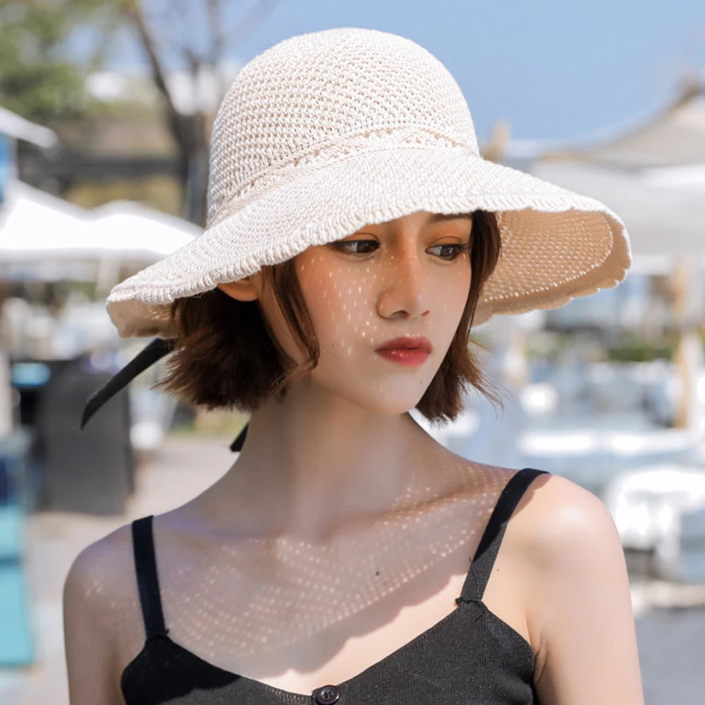 Summer Female Sun Hats Big Brim Classic Bowknot Foldable Fashion Straw