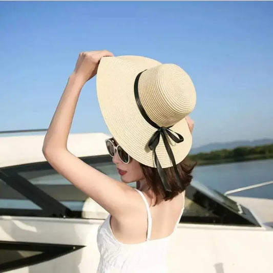 Summertime Simple Wide Brim Floppy Women Summer Beach Sand Sunshade Straw Bucket Hat  Outdoor Ultraviolet-Proof  Travel Caps