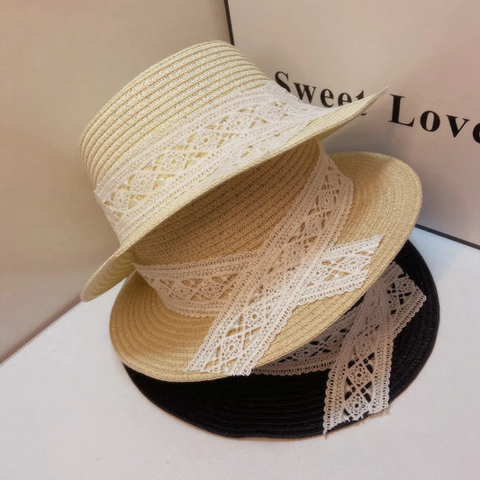 Summer Women British Style Vintage Jazz Panama Flat Top Fedora Straw Hat Wide Brin Lace Silk Ribbon Anti UV Sun Straw Hat