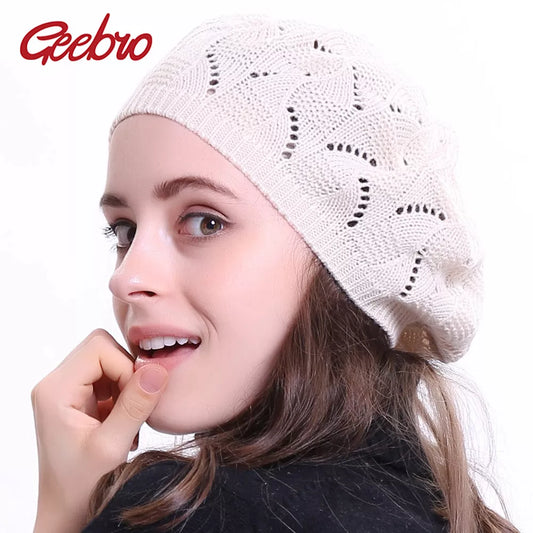 Geebro Women's Plain Color Knit Beret Hat Ladies French Artist Beanie Beret Hats Spring Casual Thin Acrylic Berets for Women