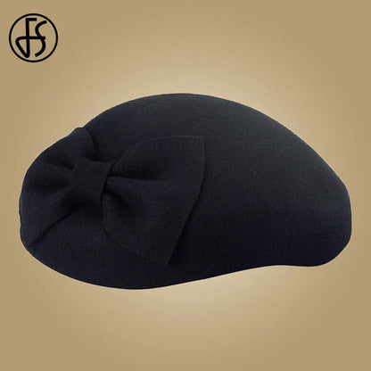 FS 100% Wool Black Pillbox Hats Fascinator For Women Elegant Wedding Felt Fedora Hat Derby Tea Party Formal Ladies Church Hats