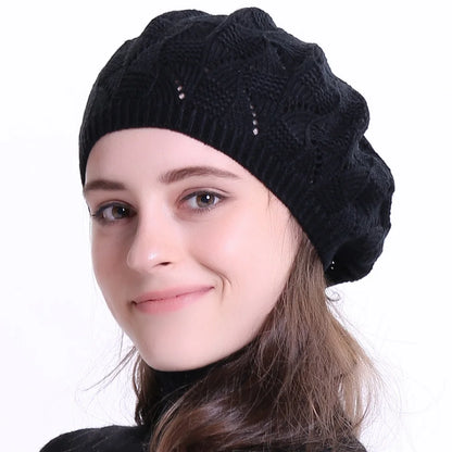 Geebro Women's Plain Color Knit Beret Hat Ladies French Artist Beanie Beret Hats Spring Casual Thin Acrylic Berets for Women