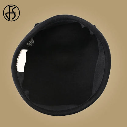 FS 100% Wool Black Pillbox Hats Fascinator For Women Elegant Wedding Felt Fedora Hat Derby Tea Party Formal Ladies Church Hats