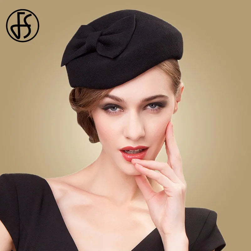 FS 100% Wool Black Pillbox Hats Fascinator For Women Elegant Wedding F