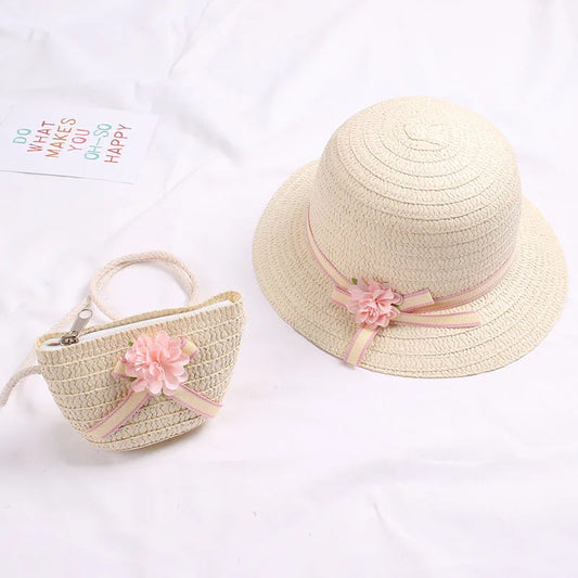 Summer Baby Flower Breathable Hat Straw Hat With Handbag Bags Kids Hat Boy Girls Sun Visor UV Protection Panama Hat Gorros