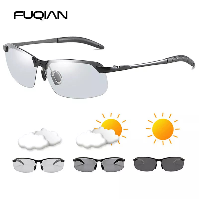 FUQIAN Photochromic Sunglasses Men Women Vintage Metal Polarized Sun G