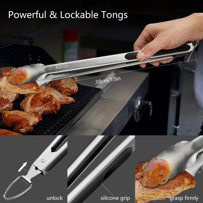 BBQGO Stainless Steel BBQ Tools Set Spatula Fork Tongs Brush Portable Storage Bag Barbecue Grilling Utensil Cooking Accessories