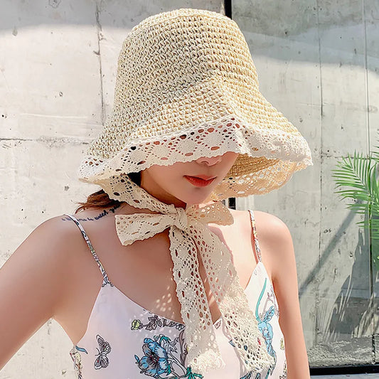 Delicacy Lady Summer Outdoor Travel Beach Anti UV Sun Straw Hat Women Lace Brim Bucket Hat Parent Child Sunscreen Straw Hat