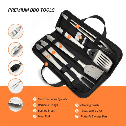 BBQGO Stainless Steel BBQ Tools Set Spatula Fork Tongs Brush Portable Storage Bag Barbecue Grilling Utensil Cooking Accessories