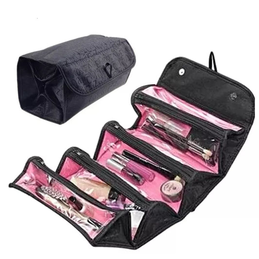 4-Layer Roll-Up Cosmetic Makeup Pouch Large Capacity Travel Storage Bag Foldable Toiletry Organizer with Hanging Hook