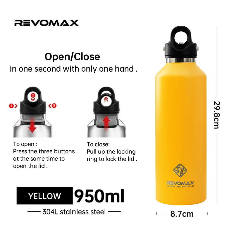 REVOMAX Large Capacity Stainless Steel Thermos Portable Vacuum Flask Insulated Tumbler With No Screw Lid Thermo Bottle 950ml