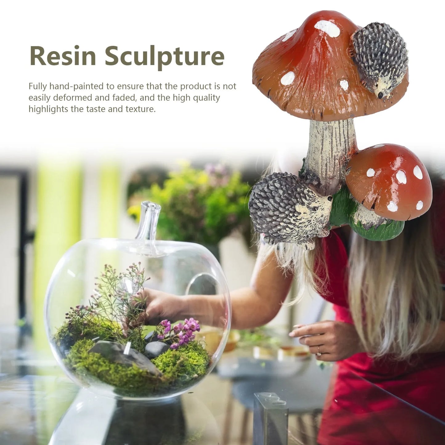 2Pcs Hedgehog Mushroom Ornament Miniature Animal Statue Bonsai Decoration For Garden Indoor