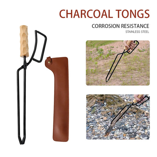 Metal Camping Barbecue Tongs Long Handle Charcoal Pliers Firetongs Wooden Garbage Pliers Clip Stainless Steel Portable Outdoor