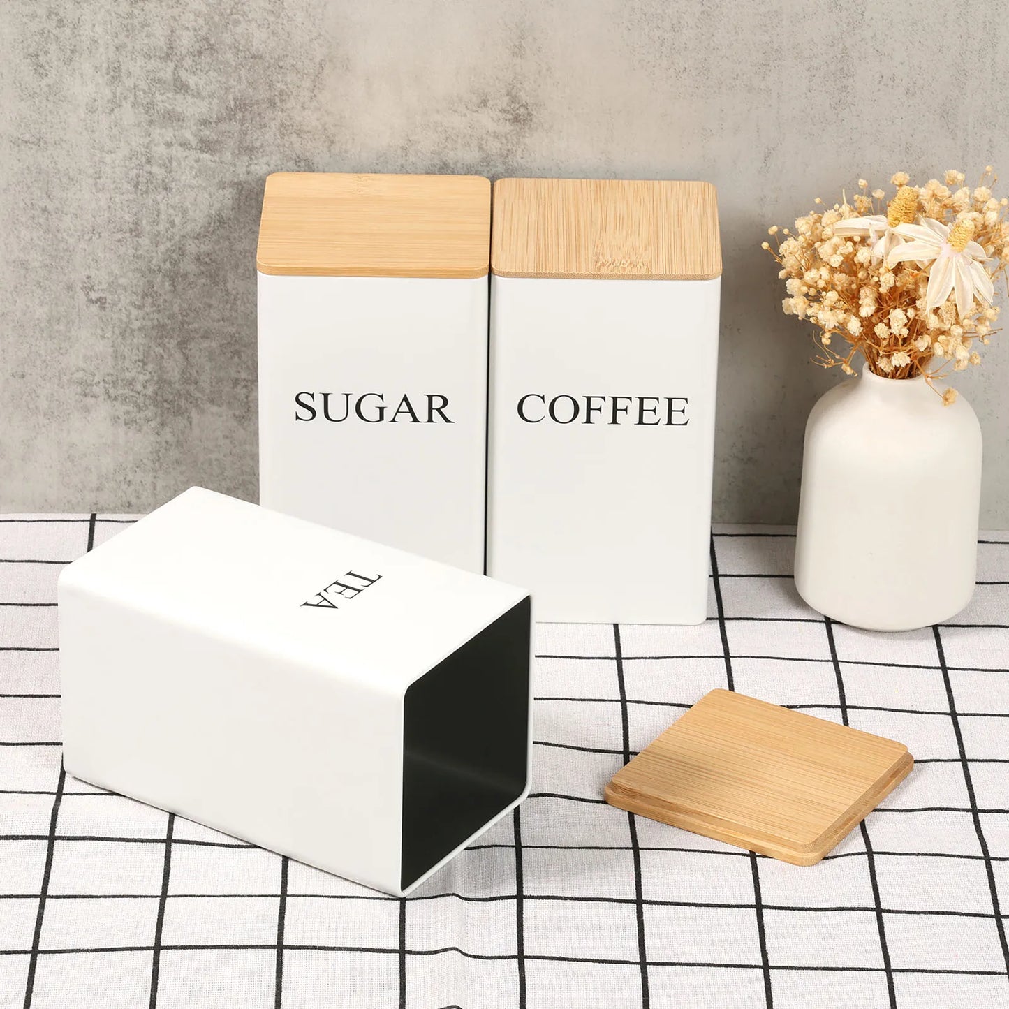 3Pcs Coffee Bean Storage Canisters Tea Sugar Vacuum Sealed Jars Iron Canisters Heat Kitchen Cream Can Airtight Lid 1L