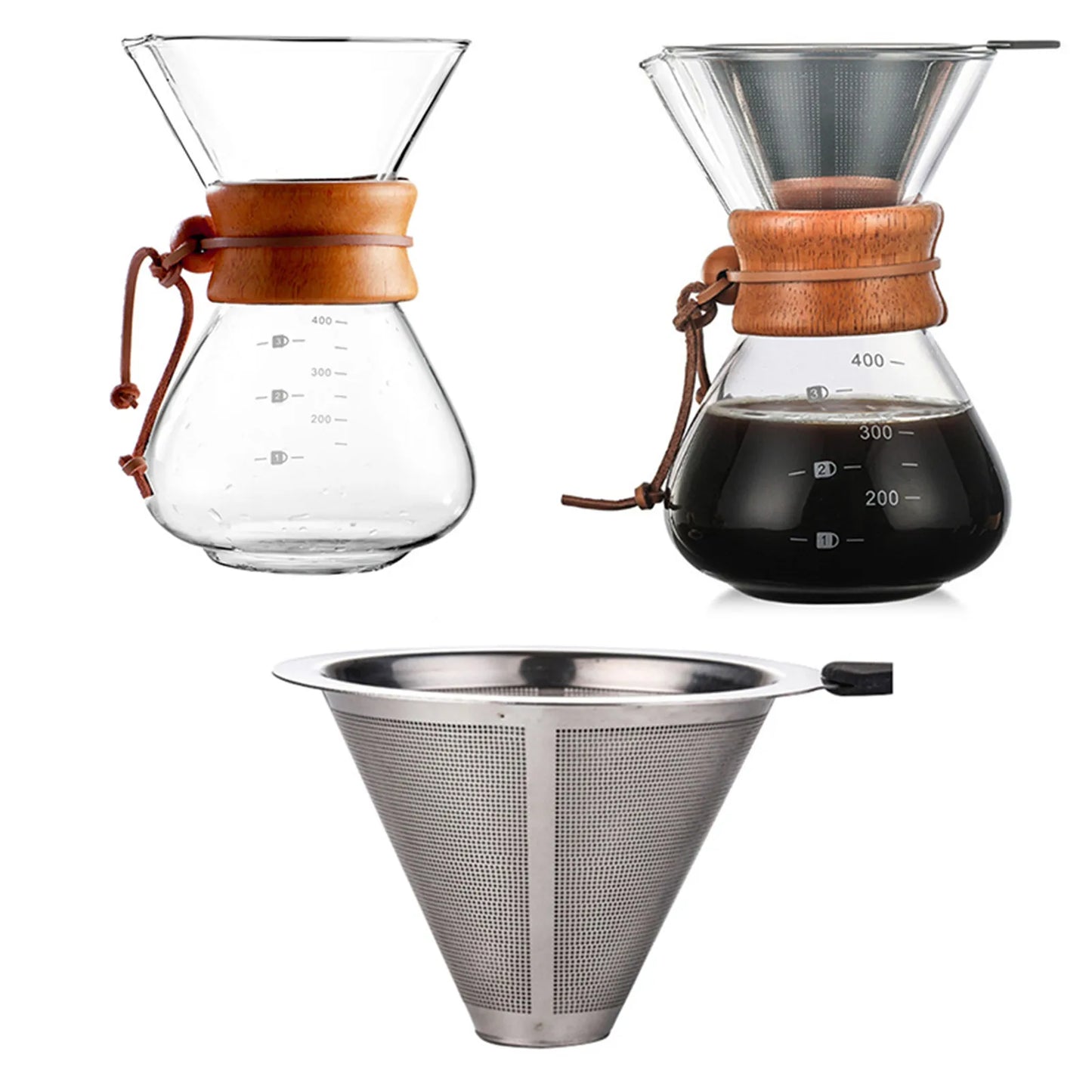 Pour Over Coffee Maker 14oz Paperless Glass Carafe with Stainless Steel Filter Manual Coffee Dripper Brewer with Wood Sleeve