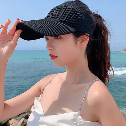 New Fashion Folds Design Women Empty Top Hat Summer Solid Color Large Brim Sunscreen Hats Outdoor Elastic Fabric Sports Sun Caps