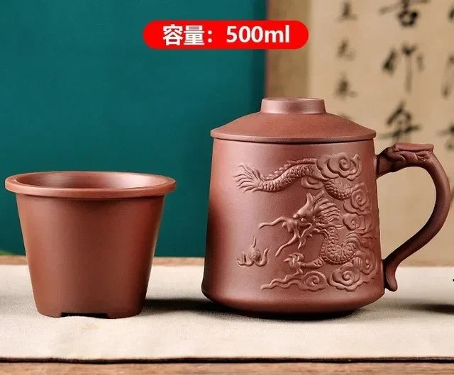 Retro Yixing Dragon Phenix Purple Clay Tea Mug with Lid and Infuser Handmade Ceramic Teacup Office Water Cup Gift Home Drinkware