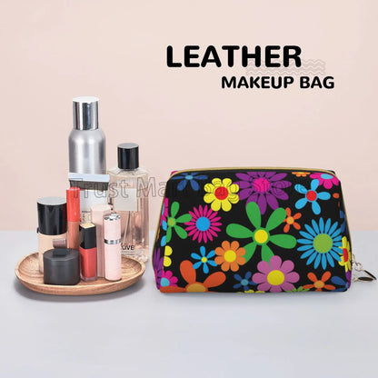 Hippie Flowers Leather Large Makeup Bag Women Travel Toiletry Pouch Cosmetic Bags Portable Multifunctional Storage Organizer