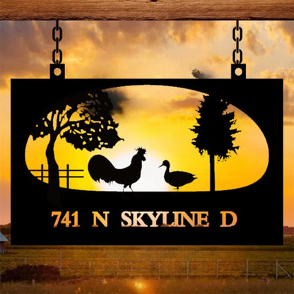 Personalized Metal Chicken Farm Sign Custom Address Black Plaque for Farmhouse Housewarming Gift
