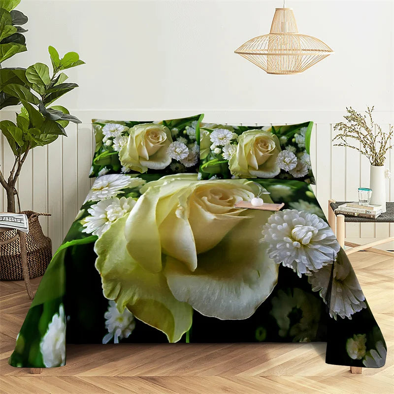 Green Leaf Rose 0.9/1.2/1.5/1.8/2.0m Queen Sheet Set Flat Sheet Bed Sheets and Pillowcases Bedroom Bed Sheet Set Bedding Set