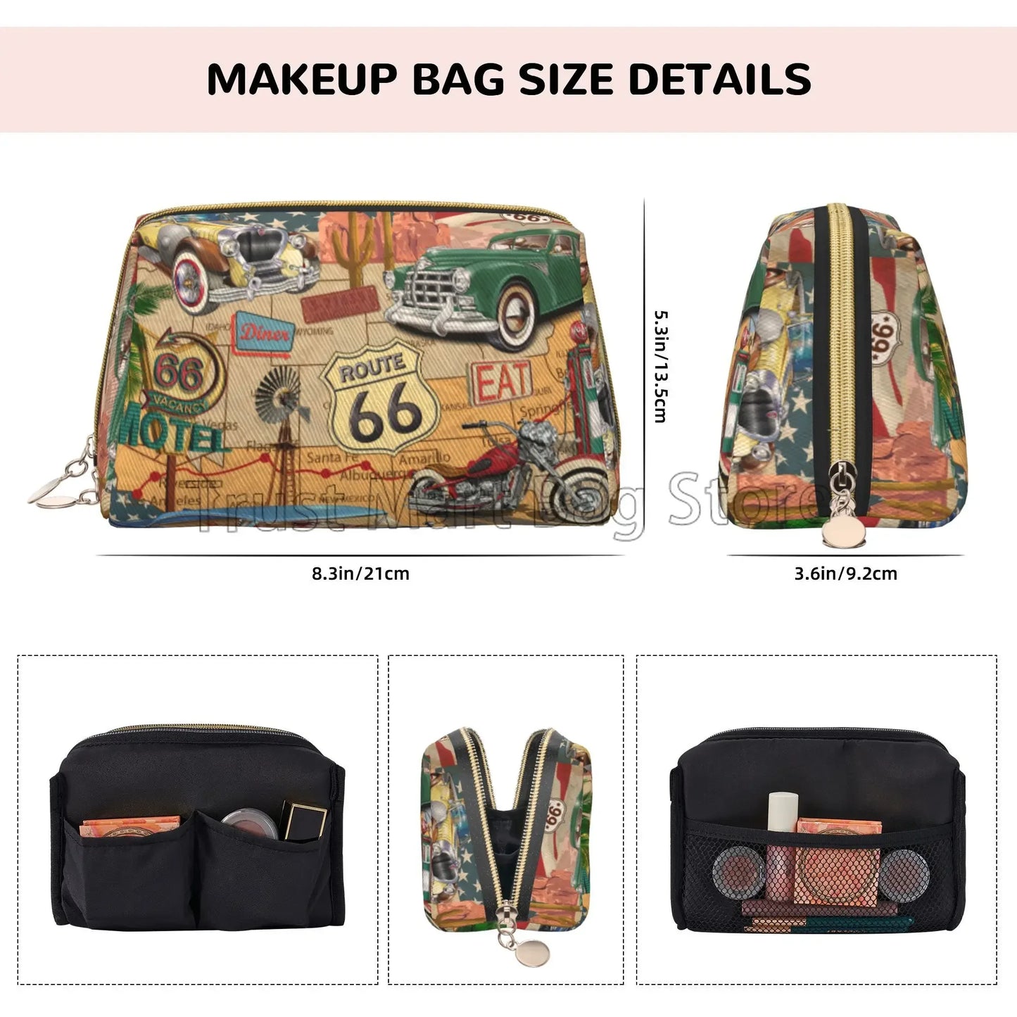Vintage US Historic Route 66 Old Car Print Makeup Bag Leather Travel Cosmetic Organizer Bag Women Large Capacity Toiletries Bags