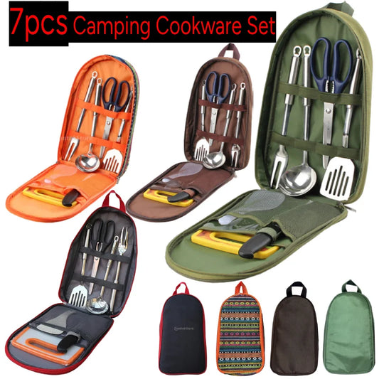 Portable Travel Utensils Set 7pcs Stainless Steel Camping Kitchen Cookware Set Kitchenware for Backpacking BBQ Camping Picnic