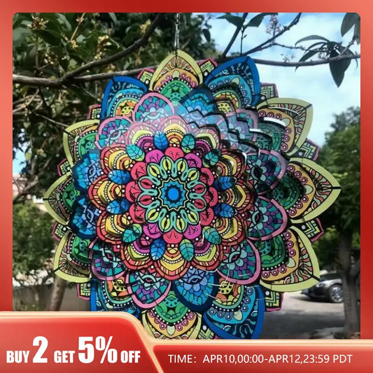 3D Colorful Wind Spinning Mandala 12 Inch Foldable Rotating Wind Chime 12 Inch Garden Metal Wind Chime Peacock Flower