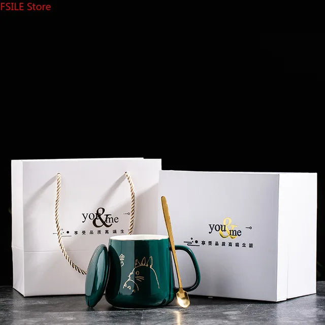 400ml New Product European Style Light Luxury Gold-painted Ceramic Coffee Mug with Lid Spoon Water Cup Cartoon Mug