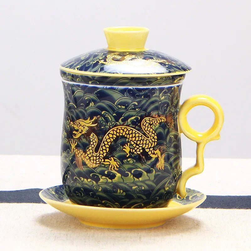 Chinese Dragon Pattern Tea-Mug with Strainer Infuser and Lid and Saucer Ceramic Tea Mug Convenient Porcelain Personal Tea Cup