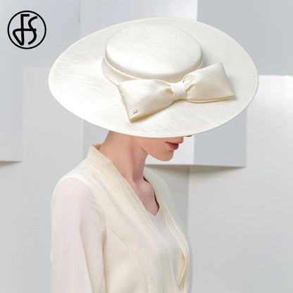 FS Elegant Wide Brim Ivory Hats For Women Big Bow Formal Occasion Kentucky Cap Lady Wedding Cocktail Party Flat Top Fedoras 2024