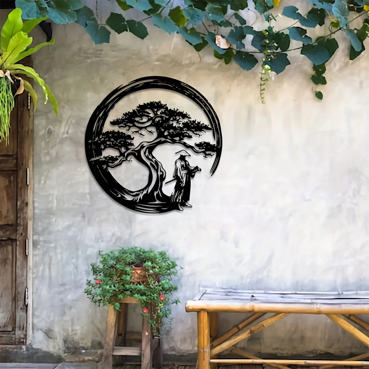 Japanese Bonsai Tree Metal Wall Art 15.7x15.7 Tori Gate Enso Cutout Creative Modern Home Accent Unique Housewarming Gift