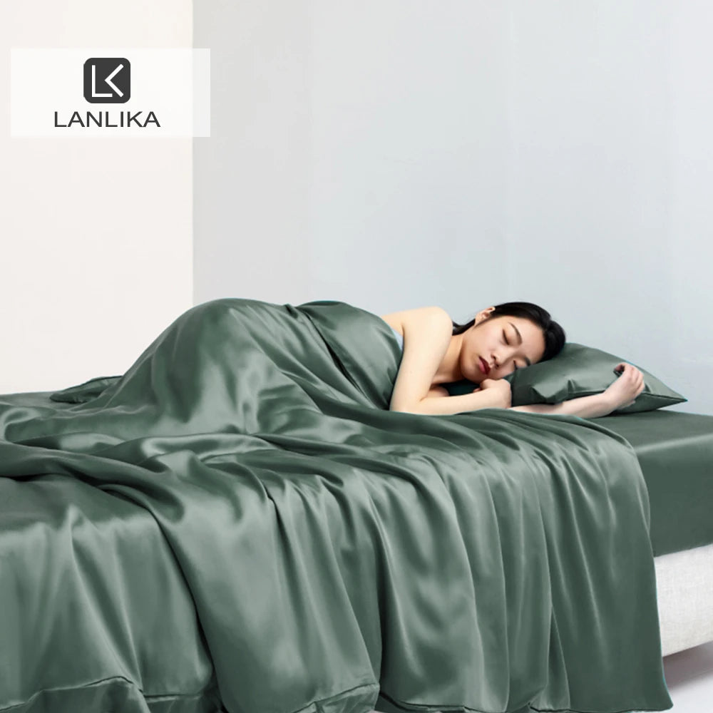 Lanlika Luxury Pure 100% Silk Bedding Set Summer Green Flat Sheet Pillowcase Double Queen King Quilt Cover Bed Set Fitted Sheet