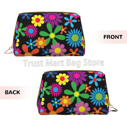 Hippie Flowers Leather Large Makeup Bag Women Travel Toiletry Pouch Cosmetic Bags Portable Multifunctional Storage Organizer