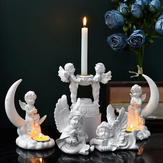 Angel Figurine Peaceful Prayer Sculpture Cute Feather Angel Resin Desktop Ornaments Retro Flower Fairy Small Decorative