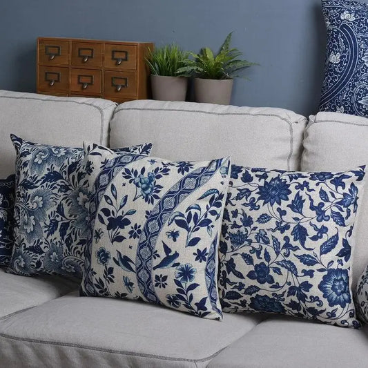 Ethnic Blue Floral Decorative Pillows Sofa Cushion Cover Flower Bird Pillowcase Living Room Decoration Farmhouse Pillow Case
