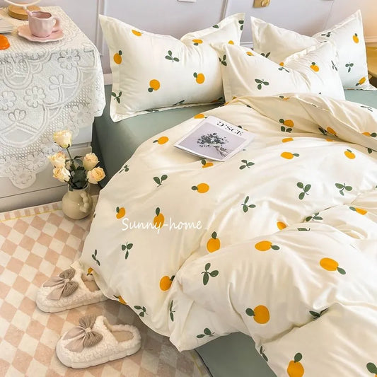 Ins Style Duvet Cover Set with Flat Sheet Pillowcases Cute Orange Cherry Crow Printed Single Double Queen Size Girls Bedding Kit