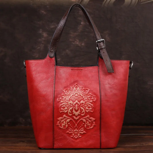 2024 New Vintage Style Luxury Handbags Women Large Capacity Bucket Bag Genuine Cowhide Handmade Embossing Women's Shoulder Bags