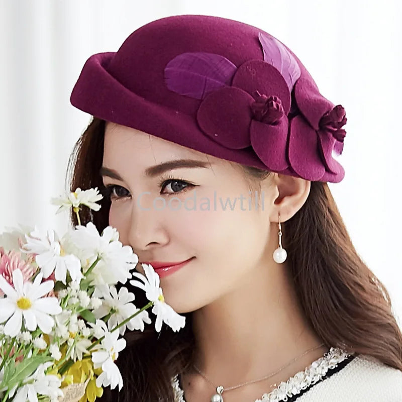 Women 100% Wool Felt Fedoras Winter Vintage Cloche Hat With Flower Up Turn Brim Bowler Pillbox Cap Party  Ladies Beret Caps