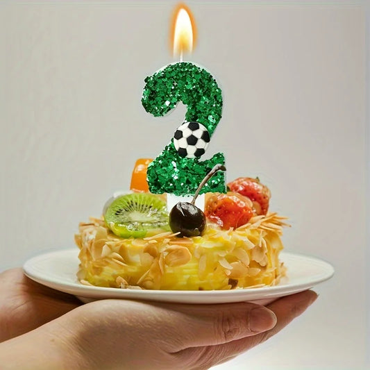 Green football birthday candle cake, sparkling digital candle cake decoration with sequins, anniversary celebration supplies