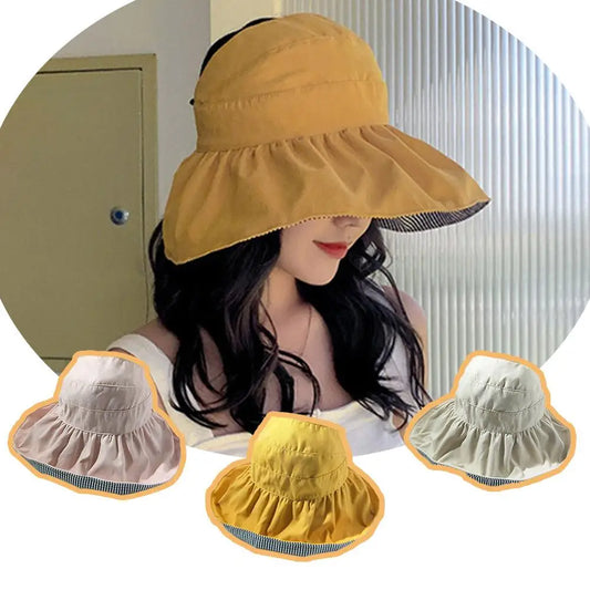 Foldable Sunscreen Hat Fashion Double Sided Cotton Brim Summer Women Big Protection Travel Outdoor Hat UV Cap Empty Beach S C6T7