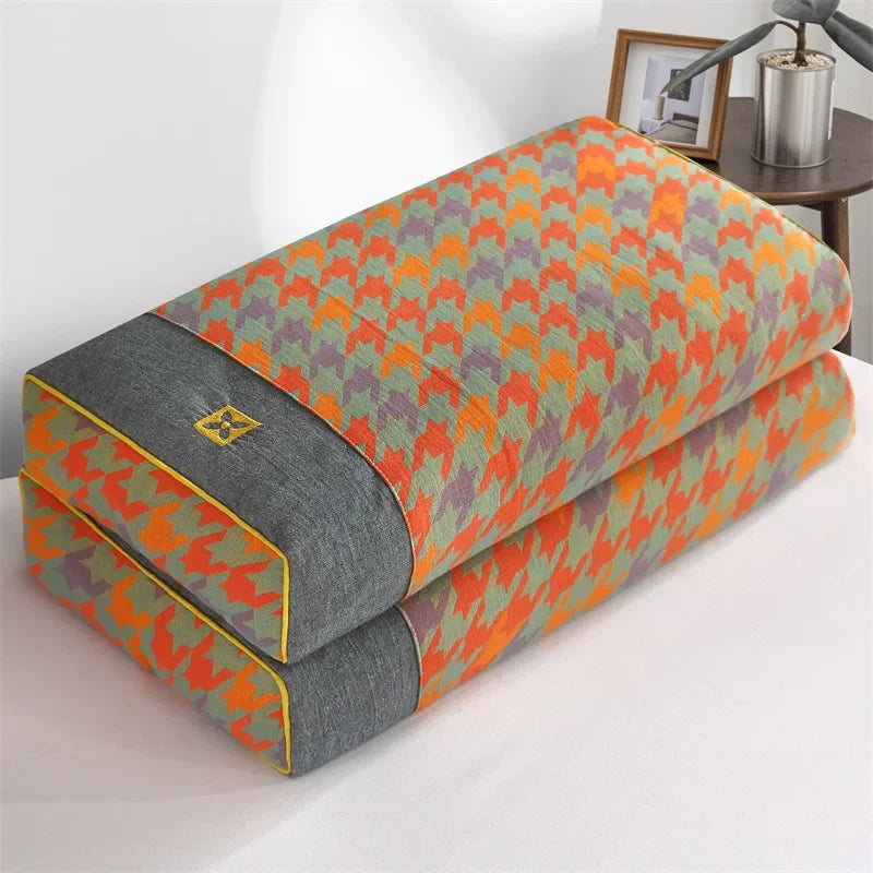 Double-layer yarn checkerboard square pillow buckwheat shell filled single pillow pillow core removable and washable pillowcase