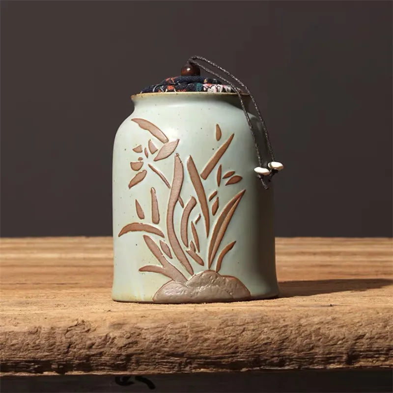 Japanese Creative Ceramic Hand-painted Embossed Tea Caddy Retro Handmade Storage Jar Coffee Beans Container Teaware Accessories