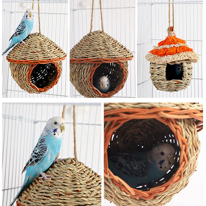 Grass Handwoven Bird House, Hand-Woven Grass Hatching Bird Hut For Canary, Parakeet, Cockatiel, Lovebird Hanging Birdhouse