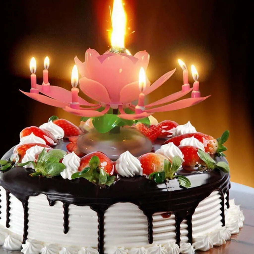 Birthday Cake Music Candle Wedding Party Double Flower BlossomS Birthday Cake Flat Rotating Electronic Festival Decor